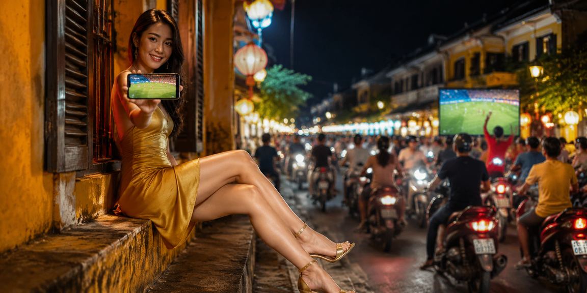 Người dùng Hội An xem thể thao trên điện thoại trong không gian đèn neon